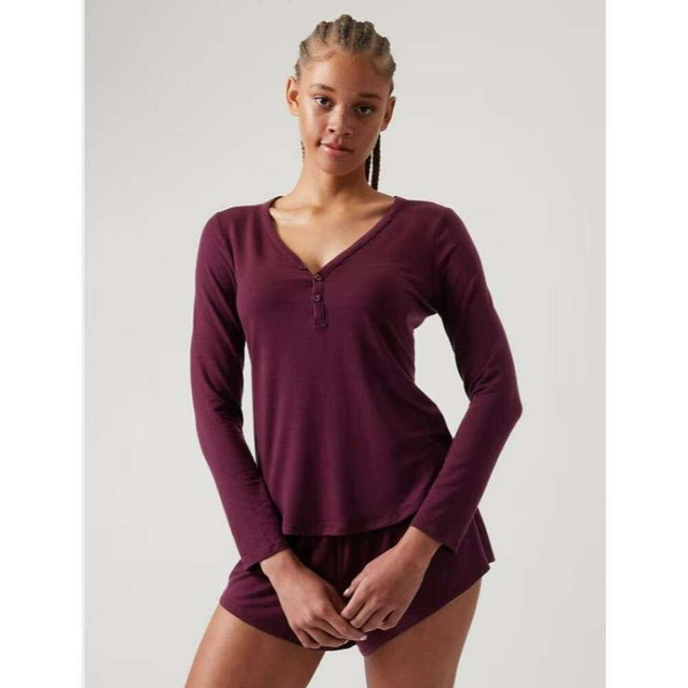 Athleta Nighttime Bliss Henley Shirt Top Womens Large Burgundy Tencel Modal NEW
